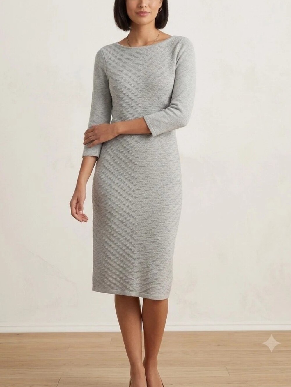 Lauren Ralph Lauren Light Gray Cable Knit Midi Sweater Dress-Size:S